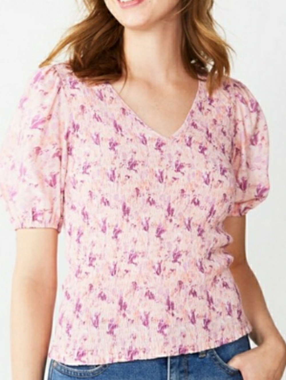 Nine West Smocked V-Neck Puff Sleeve Top Light Pink Floral Cottagecore Pastel XL